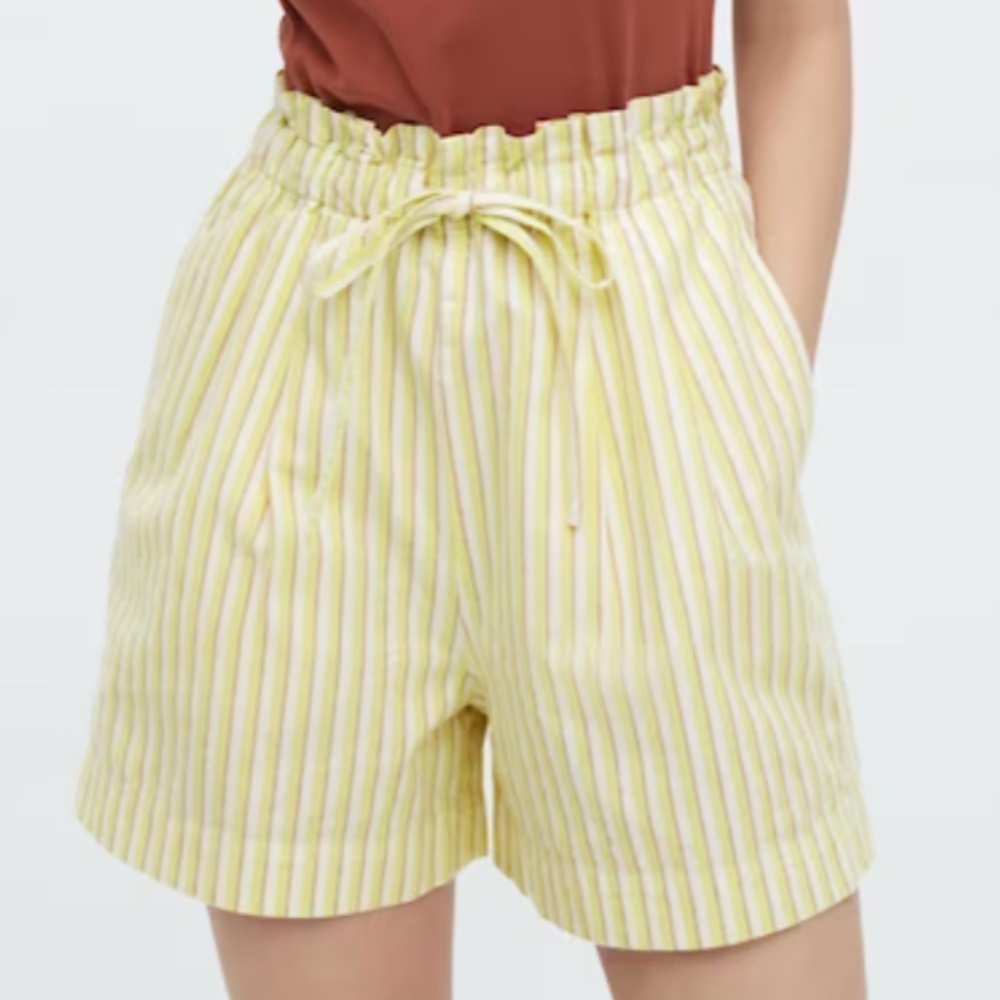 Uniqlo yellow striped cotton linen blend paper bag high rise shorts NWT